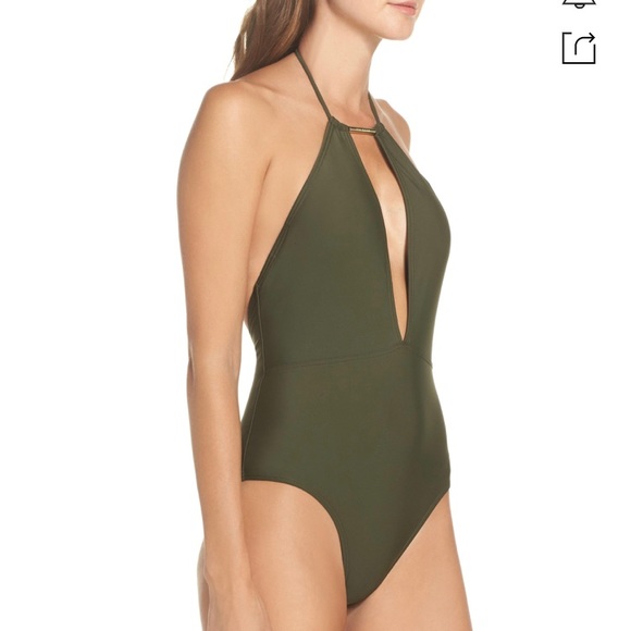Ted Baker Plunge Halter One Piece Green With Gold - Picture 1 of 10